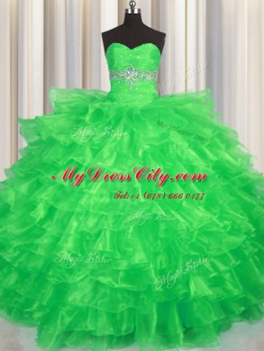 Captivating Floor Length Lace Up Ball Gown Prom Dress Green for Military Ball and Sweet 16 and Quinceanera with Beading and Ruffled Layers