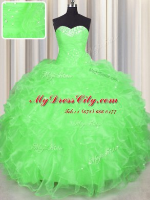 Glittering Ball Gowns Sweetheart Sleeveless Organza Floor Length Lace Up Beading and Ruffles Quinceanera Gowns