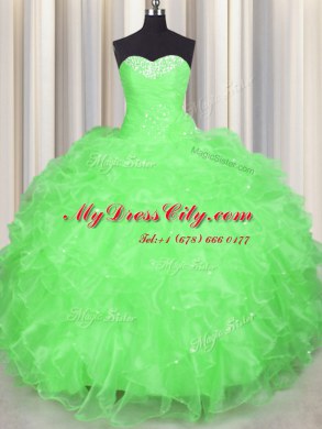 Glittering Ball Gowns Sweetheart Sleeveless Organza Floor Length Lace Up Beading and Ruffles Quinceanera Gowns