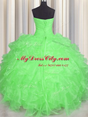 Glittering Ball Gowns Sweetheart Sleeveless Organza Floor Length Lace Up Beading and Ruffles Quinceanera Gowns