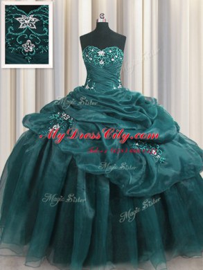 Floor Length Lace Up Sweet 16 Dresses Teal for Military Ball and Sweet 16 and Quinceanera with Beading and Appliques and Ruffles