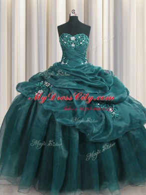 Floor Length Lace Up Sweet 16 Dresses Teal for Military Ball and Sweet 16 and Quinceanera with Beading and Appliques and Ruffles