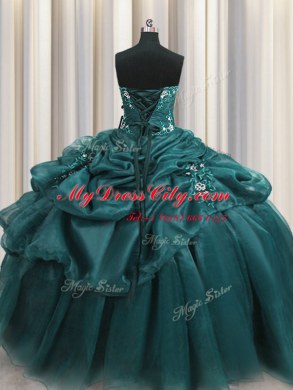 Floor Length Lace Up Sweet 16 Dresses Teal for Military Ball and Sweet 16 and Quinceanera with Beading and Appliques and Ruffles