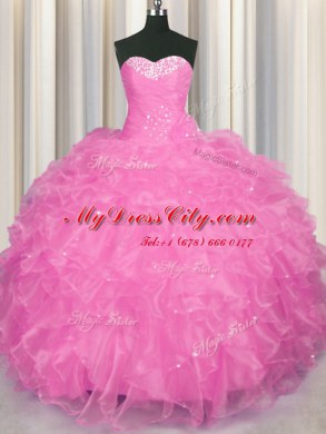 Floor Length Lace Up Quinceanera Dresses Rose Pink for Military Ball and Sweet 16 and Quinceanera with Beading and Ruffles