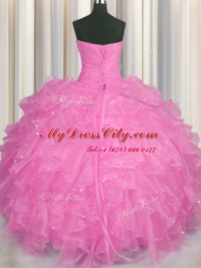 Floor Length Lace Up Quinceanera Dresses Rose Pink for Military Ball and Sweet 16 and Quinceanera with Beading and Ruffles