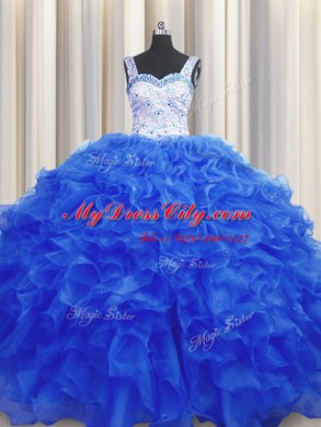 Straps Sleeveless Quince Ball Gowns Floor Length Beading Royal Blue Organza