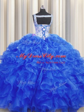 Straps Sleeveless Quince Ball Gowns Floor Length Beading Royal Blue Organza