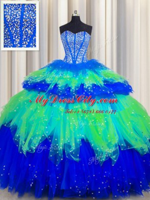 Edgy Bling-bling Visible Boning Multi-color Sweetheart Lace Up Beading and Ruffles and Ruffled Layers and Sequins Quinceanera Gown Sleeveless