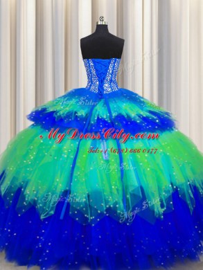 Edgy Bling-bling Visible Boning Multi-color Sweetheart Lace Up Beading and Ruffles and Ruffled Layers and Sequins Quinceanera Gown Sleeveless