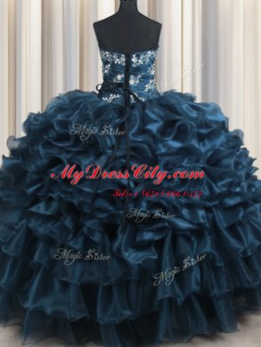 Appliques and Ruffles and Ruffled Layers Sweet 16 Dresses Navy Blue Lace Up Sleeveless Floor Length