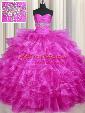 Amazing Fuchsia Organza Lace Up Quinceanera Dress Sleeveless Floor Length Beading and Ruffled Layers