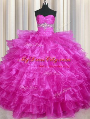 Amazing Fuchsia Organza Lace Up Quinceanera Dress Sleeveless Floor Length Beading and Ruffled Layers