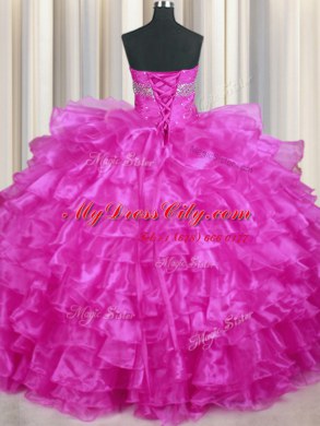 Amazing Fuchsia Organza Lace Up Quinceanera Dress Sleeveless Floor Length Beading and Ruffled Layers