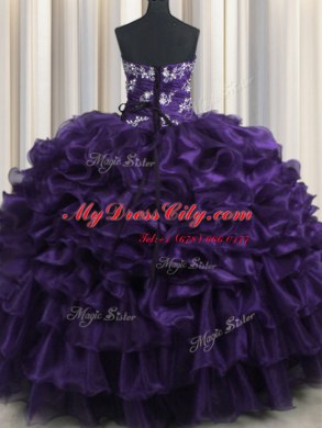 Organza Sleeveless Floor Length Quinceanera Dress and Appliques and Ruffles and Ruffled Layers