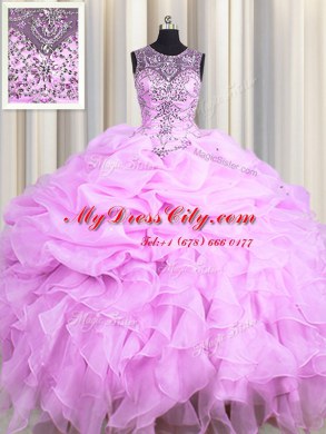 See Through Floor Length Lilac Quinceanera Dresses Scoop Sleeveless Lace Up