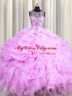 See Through Floor Length Lilac Quinceanera Dresses Scoop Sleeveless Lace Up