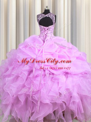 See Through Floor Length Lilac Quinceanera Dresses Scoop Sleeveless Lace Up