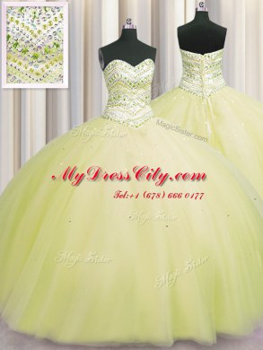 Affordable Bling-bling Puffy Skirt Light Yellow Sleeveless Floor Length Beading Lace Up Quinceanera Dress