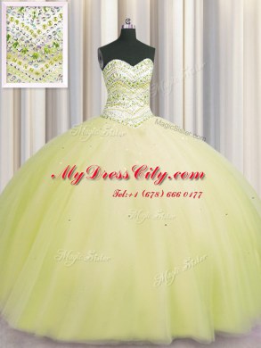 Affordable Bling-bling Puffy Skirt Light Yellow Sleeveless Floor Length Beading Lace Up Quinceanera Dress