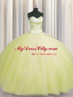 Affordable Bling-bling Puffy Skirt Light Yellow Sleeveless Floor Length Beading Lace Up Quinceanera Dress