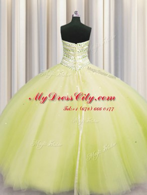 Affordable Bling-bling Puffy Skirt Light Yellow Sleeveless Floor Length Beading Lace Up Quinceanera Dress