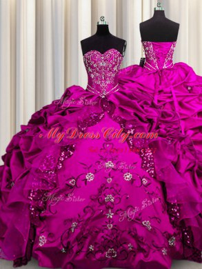 Sequins Fuchsia Lace Up Quinceanera Dresses Beading and Embroidery and Ruffles Sleeveless Floor Length