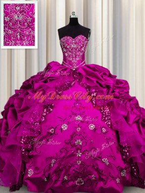 Sequins Fuchsia Lace Up Quinceanera Dresses Beading and Embroidery and Ruffles Sleeveless Floor Length