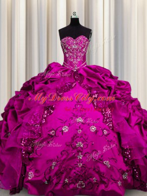 Sequins Fuchsia Lace Up Quinceanera Dresses Beading and Embroidery and Ruffles Sleeveless Floor Length