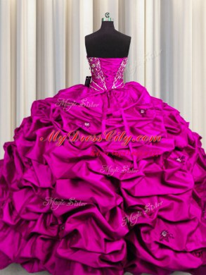 Sequins Fuchsia Lace Up Quinceanera Dresses Beading and Embroidery and Ruffles Sleeveless Floor Length