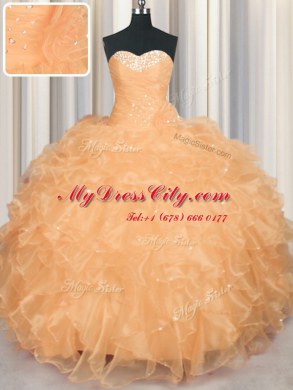 Pretty Orange Organza Lace Up Quinceanera Dress Sleeveless Floor Length Beading and Ruffles