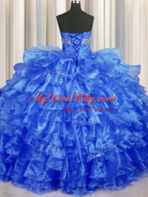 Fashionable Royal Blue Lace Up Sweetheart Beading and Ruffled Layers Quinceanera Dresses Organza Sleeveless