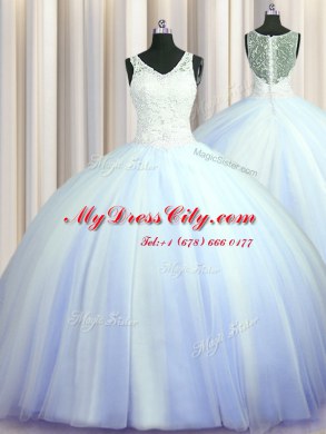 See Through Zipper Up Sleeveless With Train Beading and Appliques Zipper Quinceanera Gowns with Light Blue Brush Train