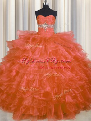 Extravagant Orange Red Lace Up Sweetheart Beading and Ruffled Layers Sweet 16 Dress Organza Sleeveless