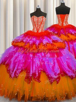 Flare Bling-bling Visible Boning Floor Length Multi-color Quinceanera Dress Tulle Sleeveless Beading and Ruffles and Ruffled Layers and Sequins