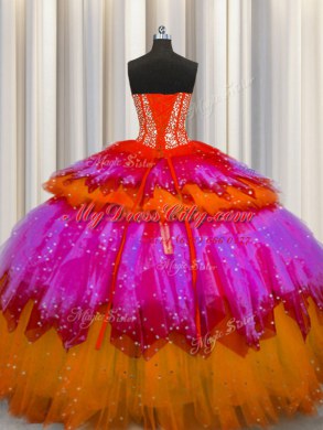 Flare Bling-bling Visible Boning Floor Length Multi-color Quinceanera Dress Tulle Sleeveless Beading and Ruffles and Ruffled Layers and Sequins