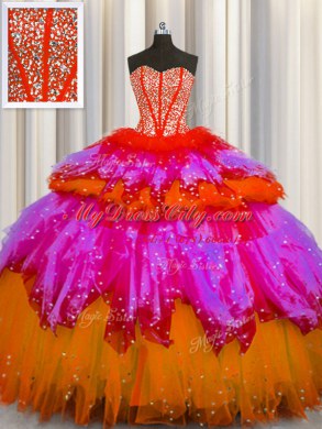 Flare Bling-bling Visible Boning Floor Length Multi-color Quinceanera Dress Tulle Sleeveless Beading and Ruffles and Ruffled Layers and Sequins