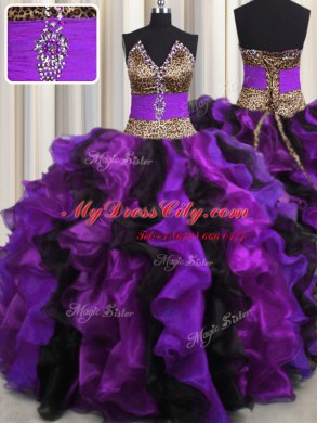 Fancy Leopard Multi-color V-neck Lace Up Beading and Ruffles Quinceanera Dress Sleeveless