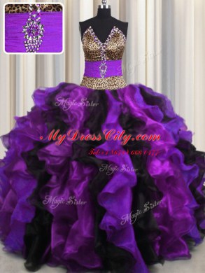 Fancy Leopard Multi-color V-neck Lace Up Beading and Ruffles Quinceanera Dress Sleeveless