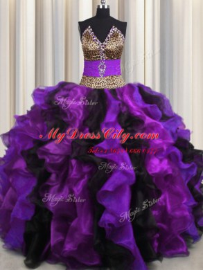 Fancy Leopard Multi-color V-neck Lace Up Beading and Ruffles Quinceanera Dress Sleeveless