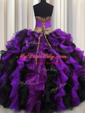 Fancy Leopard Multi-color V-neck Lace Up Beading and Ruffles Quinceanera Dress Sleeveless