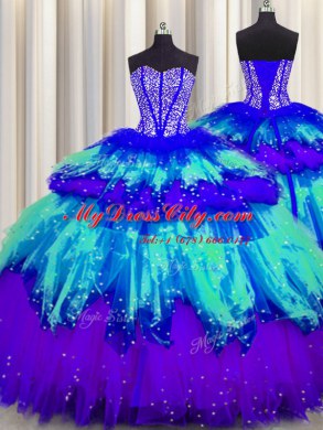 Bling-bling Visible Boning Multi-color Sweetheart Lace Up Beading and Ruffles and Ruffled Layers and Sequins Sweet 16 Dresses Sleeveless