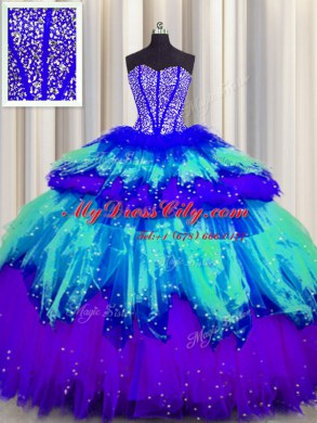 Bling-bling Visible Boning Multi-color Sweetheart Lace Up Beading and Ruffles and Ruffled Layers and Sequins Sweet 16 Dresses Sleeveless