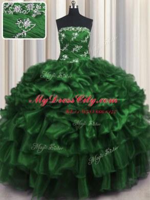 Dark Green Lace Up 15th Birthday Dress Appliques and Ruffles and Ruffled Layers Sleeveless Floor Length