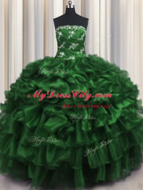 Dark Green Lace Up 15th Birthday Dress Appliques and Ruffles and Ruffled Layers Sleeveless Floor Length