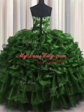 Dark Green Lace Up 15th Birthday Dress Appliques and Ruffles and Ruffled Layers Sleeveless Floor Length