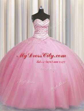 Bling-bling Big Puffy Tulle Sweetheart Sleeveless Lace Up Beading Ball Gown Prom Dress in Rose Pink