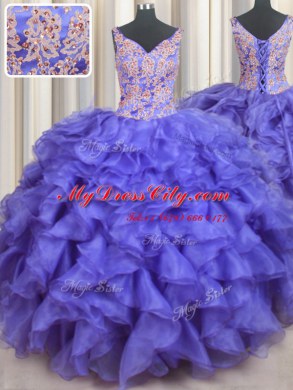 Blue Ball Gowns Organza V-neck Sleeveless Appliques and Ruffles Floor Length Lace Up Quinceanera Dresses