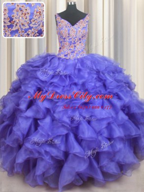 Blue Ball Gowns Organza V-neck Sleeveless Appliques and Ruffles Floor Length Lace Up Quinceanera Dresses