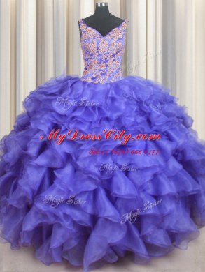 Blue Ball Gowns Organza V-neck Sleeveless Appliques and Ruffles Floor Length Lace Up Quinceanera Dresses