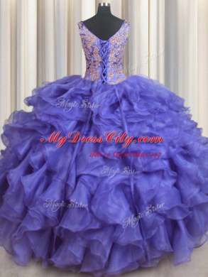 Blue Ball Gowns Organza V-neck Sleeveless Appliques and Ruffles Floor Length Lace Up Quinceanera Dresses